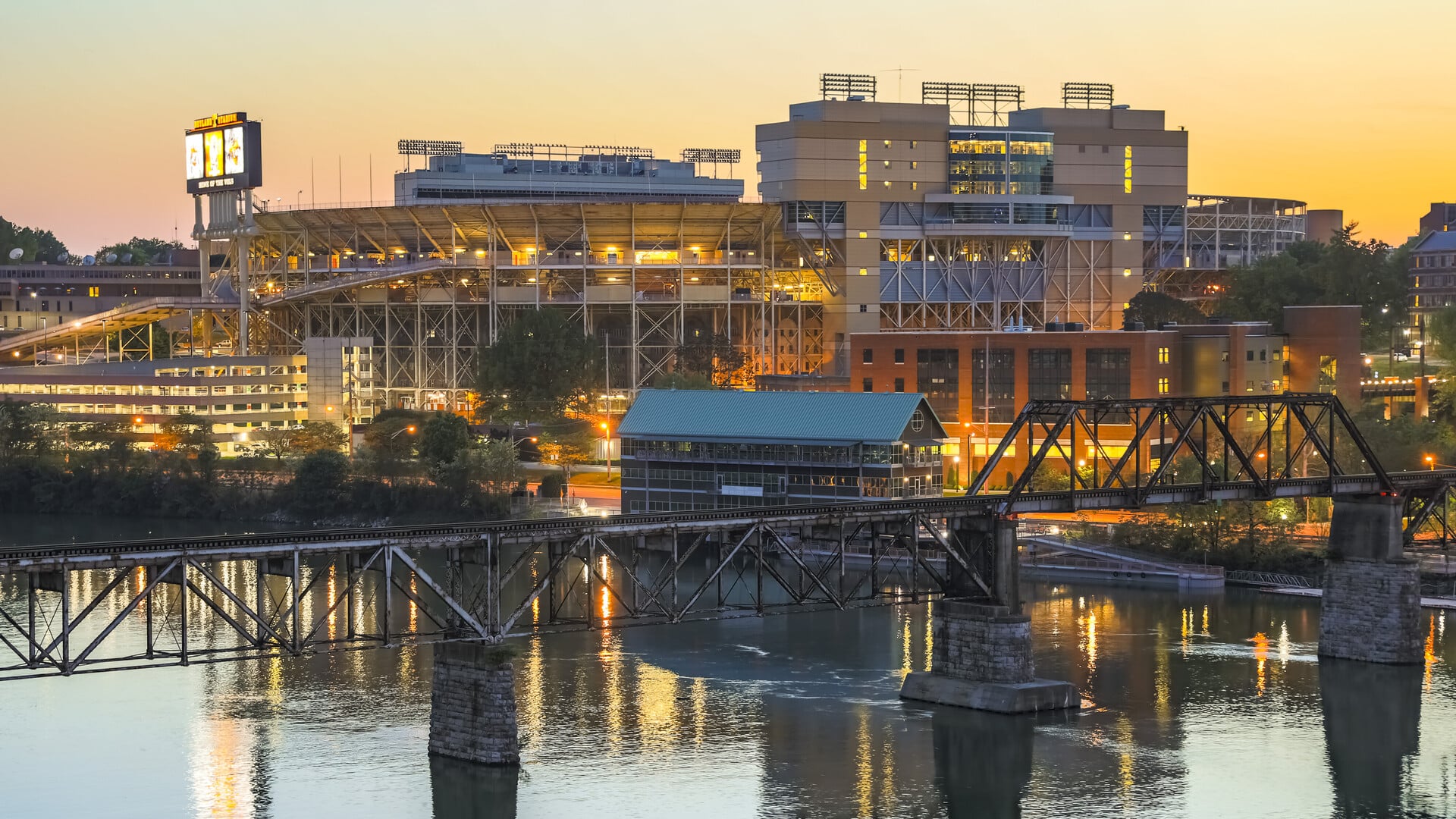 Neyland Stadium from the Tennessee River at sunset