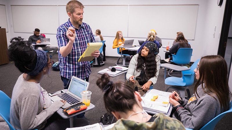 UT professor working with small group of students