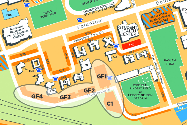 Map of parking lots for Lindsey Nelson Stadium